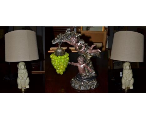 A pair of novelty pottery table lamps modelled as rabbits together with a bronzed composite figural lamp, the shade formed as