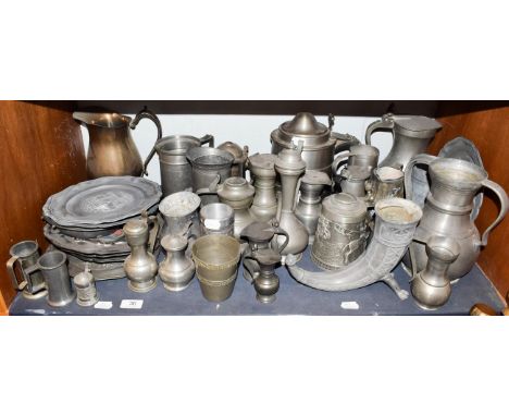 ~ A quantity of Continental pewter items, tankards, ewers and plates etc including Belgian, Spanish and Italian makers (1 she
