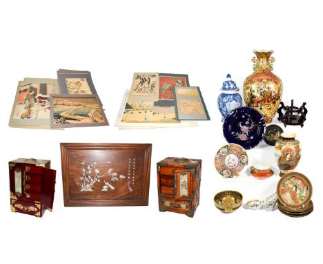 ~ Oriental collectables including Satsuma, blue and white, Chinese abalone inlaid serving tray, two table cabinets with jade 