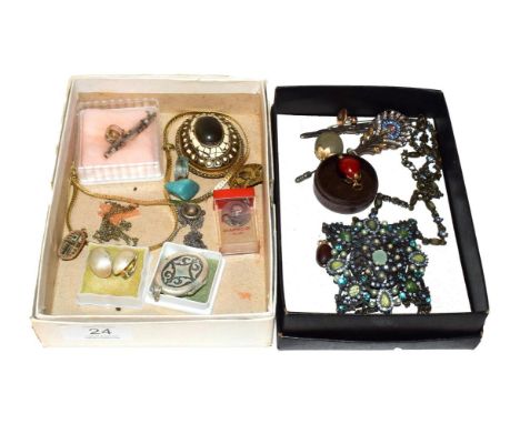 ~ Two small boxes of costume jewellery and collectables, including a coloured paste set necklet, Art Deco style stick pin, pr