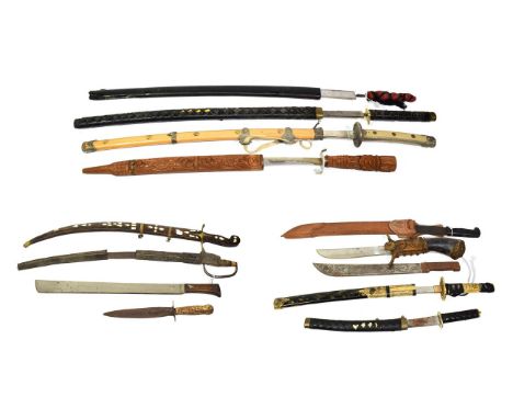 ~ Three machetes, an Indian sword with wood scabbard and a quantity of copy swords