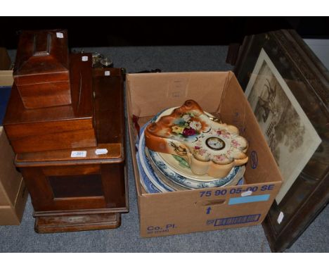 A mahogany cased Jones sewing machine, a tea caddy, a stationary box, a box of Victorian and later pottery and two Edward oak