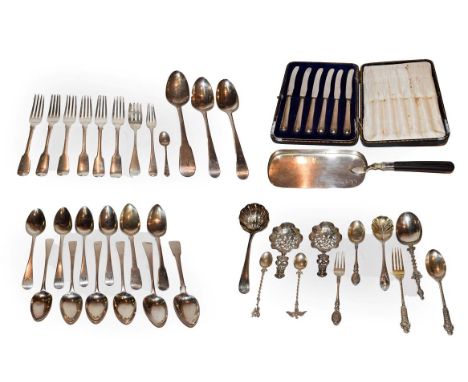 A collection of assorted George III and later silver flatware, including: a pair of Old English pattern table-spoons, London,