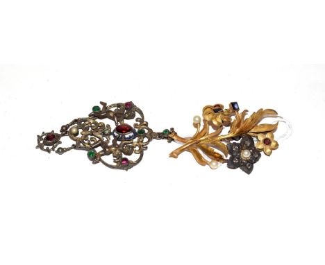 ~ A late 19th century gilt floral spray brooch set with rose cut diamonds, a synthetic sapphire with pink enamel detail, leng