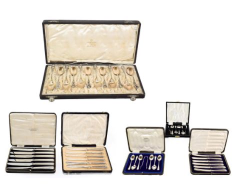 A group of cased sets of flatware, including: three differing cased sets of tea-knives; a cased set of six teaspoons; a cased