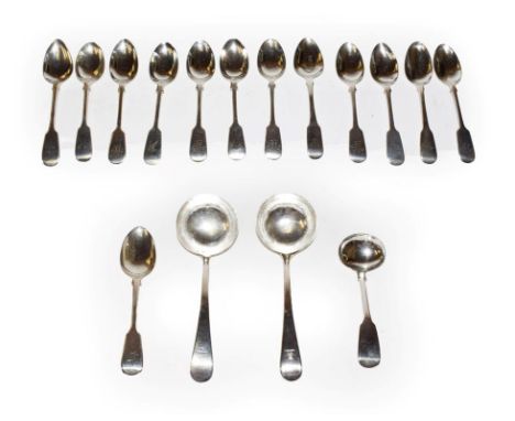 A collection of silver flatware, Fiddle pattern, some engraved with differing initial, comprising: 13 teaspoons and a cream-l