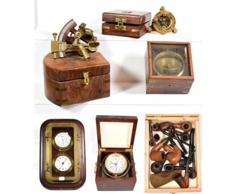 ~ Reproduction marine instruments in cases including compasses, sextant and quartz ships clock, a cased Scandex quartz ships 