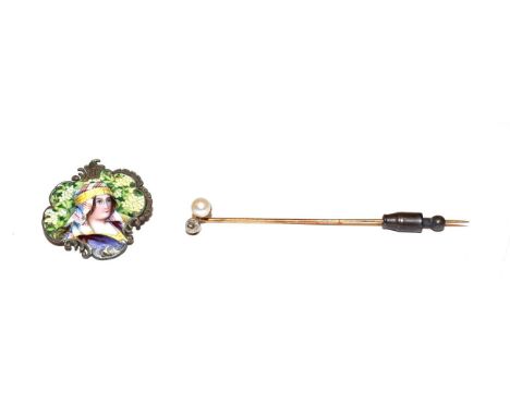 ~ A rose cut diamond and simulated pearl stickpin; together with an enamel brooch depicting a young lady in profile, stamped 
