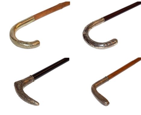 ~ Four walking sticks with silver and white metal handles including a German stick with silver handle formed as a golf club h