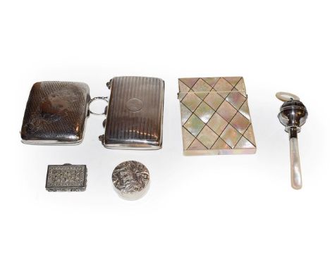A collection of silver boxes, comprising: a cigarette-case; a purse with suspension chain; an Egyptian pill-box; an oblong pi