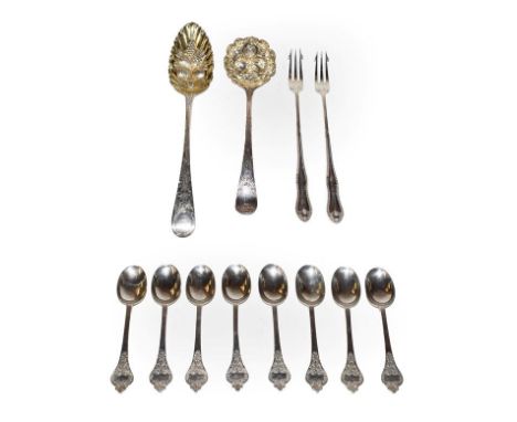 A collection of assorted flatware, comprising: a George III silver table-spoon and sauce-ladle, each later chased as a berry 