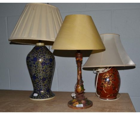 Two Kashmir lacquered papier mache table lamps and another decorative lamp (3)