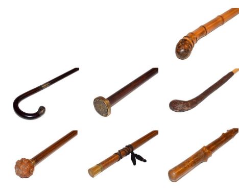 ~ A hawthorn walking cane incised with the coats of arms of Spanish cities dated 1883, along with five other walking sticks a