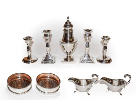 A collection of assorted silver, including: a pair of Elizabeth II silver wine-coasters, by Richards and Knight, London, 1972