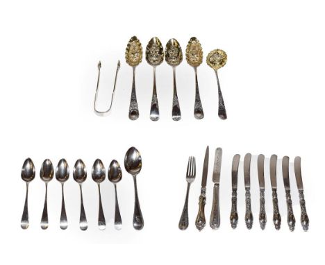 A collection of assorted George III and later silver flatware, including: two pairs of George III silver table-spoons and a s