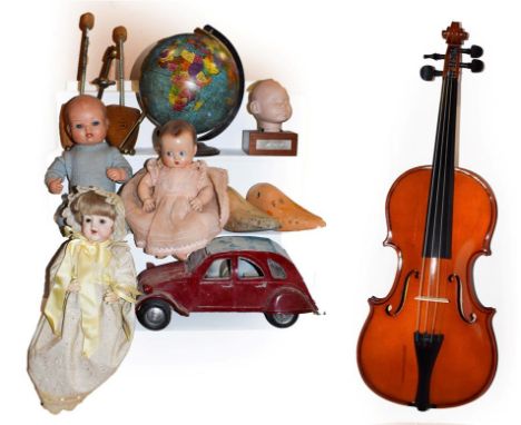 ~ Assorted collectables including composite and bisque dolls, novelty 20cm globe, shoe stretchers and a cased students violin