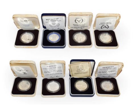 A collection of 8 x One Ounce Silver Proof Coins consisting of: Burmuda, 1981 silver proof one dollar. Obv: Second portrait o