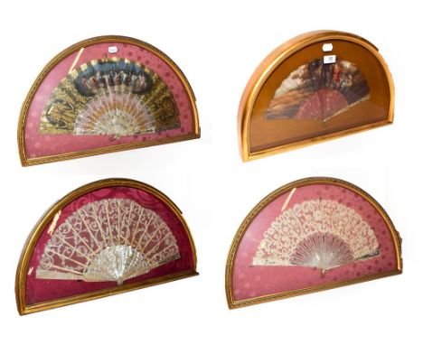 ~ Four fans with mother-of-pearl sticks, each in a gilt framed wall hanging display case, two lace and two painted, one paint