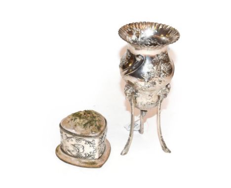 A Victorian silver vase and an Edward VII silver-mounted pin-cushion, Both by William Comyns, London, The First 1893, The Sec