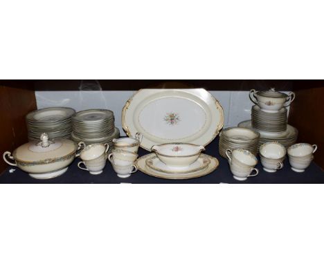 A Noritake Alden pattern part dinner / tea service including serving plates tureens and teacups etc (1 shelf)