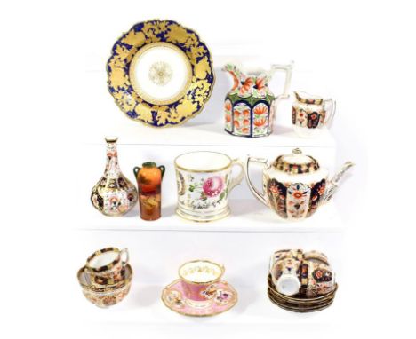 A tray of 19th century and later English ceramics including a Royal Crown Derby Imari bottle vase, Court China Imari teaset, 