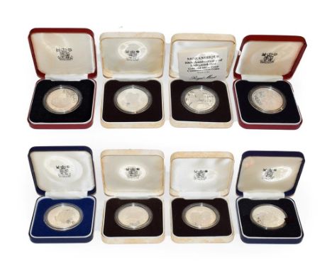 A collection of 8 x One Ounce Silver Proof Coins consisting of: Lesotho, 1981 silver proof thirty maloti. Obv: Coat of arms o
