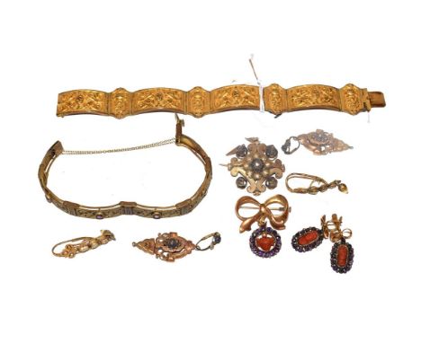 ~ A collection of circa 1900 gilt jewellery including a bracelet formed of floral and scroll decoration, length 19.5cm; an am