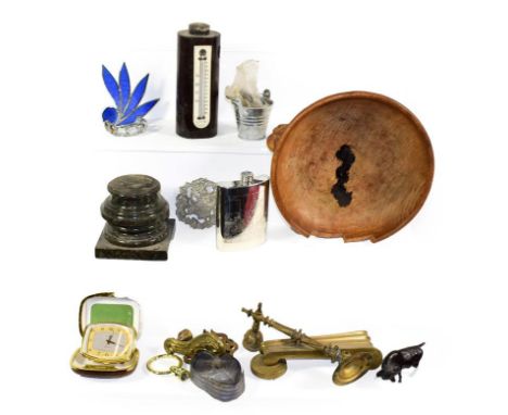 A Robert 'Mouseman' Thompson oak fruit bowl (damaged), furniture handles, barometer etc 