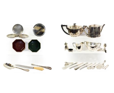 A collection of assorted silver and silver plate, the silver including: a salt-cellar; two differing pepperettes and assorted