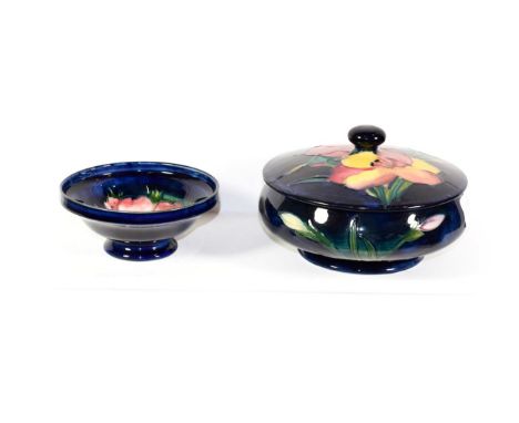 A Walter Moorcroft miniature dish and bowl with cover (2).  Both first quality. Both with light surface scratches. Tight crac
