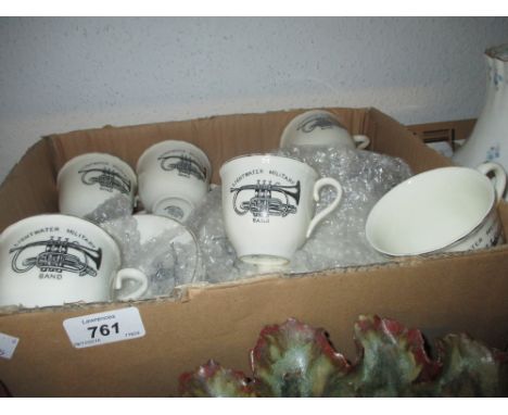 Unusual Burslem Staffordshire part teaset having printed decoration for Lighwater Military Band, depicting a trumpet, compris