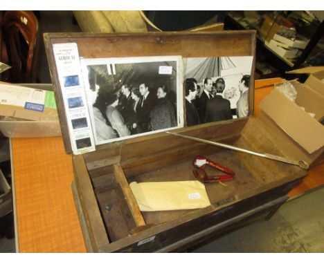 Pine tool box containing a quantity of miscellaneous items including: Gemini X1 space colour slides, quantity of Royalty rela