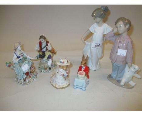 Royal Doulton Bunnykins figure, Royal Doulton Poppy Eye Bright figure, two Nao figures and a pair of Sitzendorf figures (a/f)