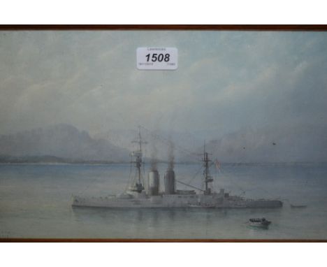 O.F. Gillett, mixed media, portrait of a British war ship off a coastline, signed and dated 1918, 9ins x 15ins, oak framed