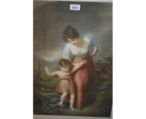 Gilt framed mezzotint study of a mother and child, pair of framed coloured prints after Birkett Foster and two other prints