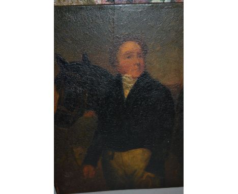 19th Century unframed oil on panel, portrait of a gentleman with his horse, signed T. Burton verso, 14ins x 11ins
