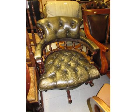 Reproduction mahogany green button leather upholstered revolving office chair
