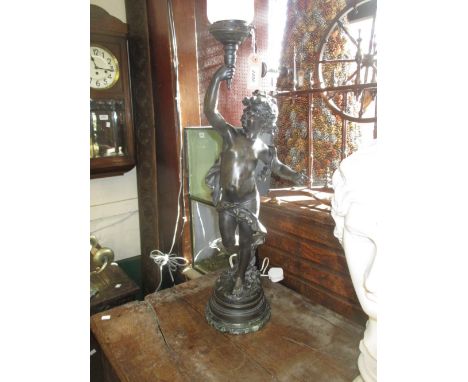 Large patinated spelter figural table lamp base of a cherub holding a torch with pink glass shade and circular marble plinth,