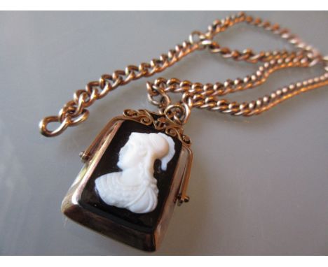 Victorian revolving fob locket inset with agate and a carved cameo portrait suspended on a gold plated curb link chain