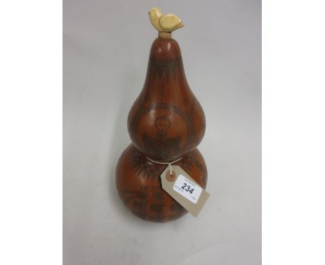 19th Century French sailor's Scrimshaw work double gourd decorated with a portrait of Napoleon III and a three masted man o' 