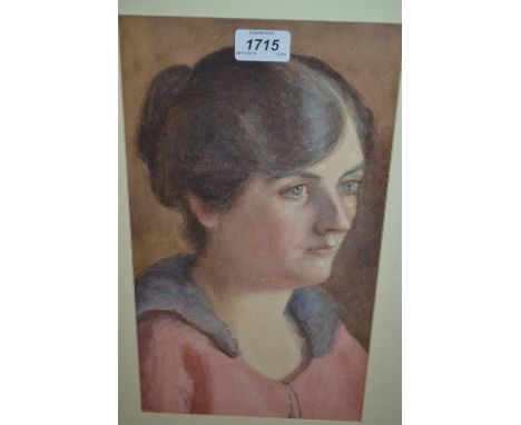1920's Watercolour, head and shoulder portrait of Nancy Bartlett by Marion Emily Warden, bearing label verso, 13ins x 7ins, u