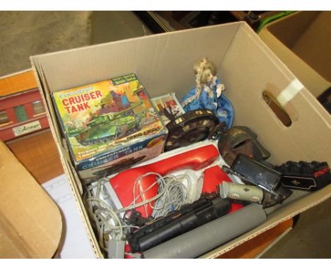Boxed Marx toy tank, boxed children's toy Rolls Royce, a wax doll (a/f), Hornby 00 gauge quantity of track with engine and mi