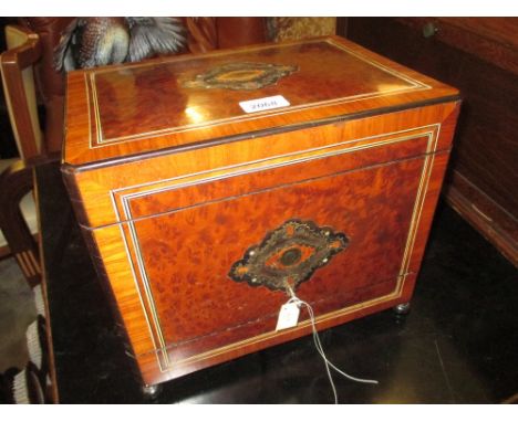 Victorian amboyna mahogany ebony and brass inlaid liqueur decanter box of rectangular form with a bi-fold lid enclosing a fit