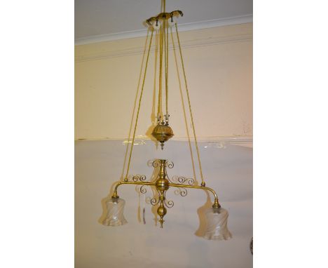 Edwardian brass rise and fall light fitting with frosted wrythen glass shades