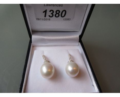 Pair of 18ct yellow gold freshwater pearl and diamond drop earrings