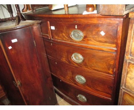 19th Century mahogany bow front chest of two short and three long drawers with oval brass handles and bracket feet