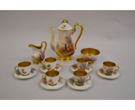 Royal Worcester coffee service painted with pheasants in landscapes by James Stinton comprising: coffee pot cream jug, sugar 