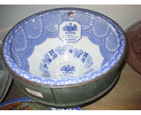 19th Century blue transfer printed circular pottery toilet pan by R. Wiss, London