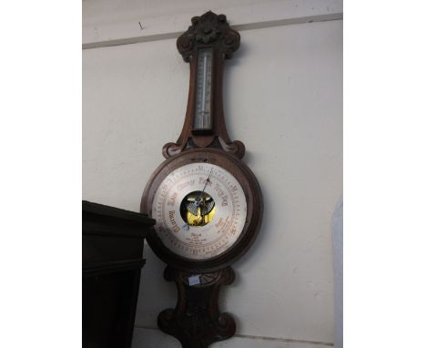 Victorian carved oak aneroid barometer / thermometer (a/f) together with a quantity of wooden dowels