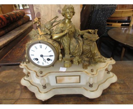 19th Century French ormolu and alabaster figural mantel clock, the enamel dial with a two train movement inscribed L.T.M.